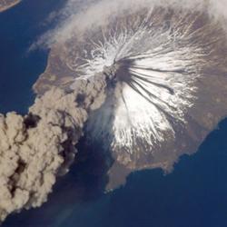 ISS013-E-24184 (23 May 2006) --- Eruption of Cleveland Volcano, Aleutian Islands, Alaska is featured in this image photographed by an Expedition 13 crewmember on the International Space Station.