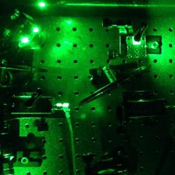 An image from an experiment in the quantum optics laboratory in Cambridge. Laser light was used to excite individual tiny, artificially constructed atoms known as quantum dots, to create “squeezed” single photons