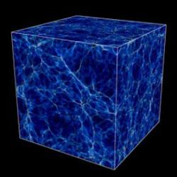 Volume rendering of the output from a supercomputer simulation showing part of the cosmic web 11.5 billion years ago
