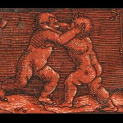 'Detail of Hans Baldung Grien (attr.), Title Border with Wrestling Putti, colour woodcut from two blocks (red and black). Title page of Juan López, De libertate ecclesiastica (Strasbourg: Johann Schott, 1511).