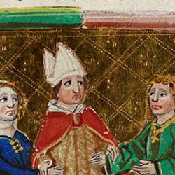 A miniature showing a bishop joining the hands of a couple, from the section of the Decretals of Pope Gregory IX concerning marriage, in a copy produced in Venice around 1475.