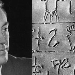 Michael Ventris (left) and (right) a detail of the Pylos Tablet Ta641 inscribed with Linear B
