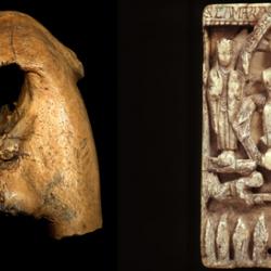 Left: Upper jaw bones of a walrus, with tusks removed. Right: an elaborately-carved ecclesiastical walrus ivory plaque.