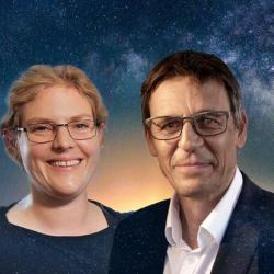Emily Mitchell, Didier Queloz, Kate Adamal, Carl Zimmer. Landscape with Milky way galaxy. Sunrise and Earth view from space with Milky way galaxy. (Elements of this image furnished by NASA).