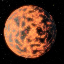 Artist’s impression of super-Earth 55 Cancri e, showing a hot partially-molten surface of the planet before and after possible volcanic activity on the day side.