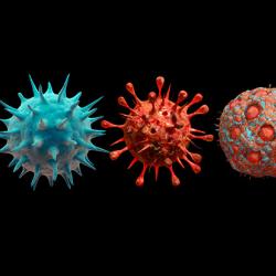 Digital generated image of different variants of virus cells against a black background.