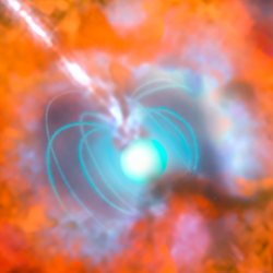 An artist's impression of a hypernova, an explosive death of a star roughly ten times more energetic than a normal supernova. 