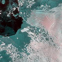Sentinel-1 image composite depicting the highly fractured and fast-flowing frontal margin of the Thwaites and Crosson ice shelves