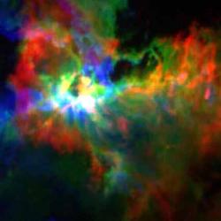 False colour image of the carbon monoxide gas in the Orion molecular cloud observed using HARP.