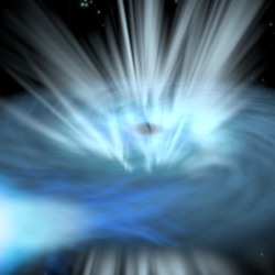 Artist’s impression depicting a compact object – either a black hole or a neutron star – feeding on gas from a companion star in a binary system.