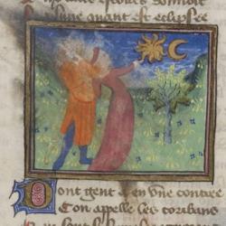 An illuminated manuscript from the late 14th to the early 15th century, depicting two individuals observing a lunar eclipse