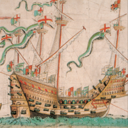 Left: The Mary Rose as depicted in the Anthony Roll. Right: one of the cod bones used in the study.