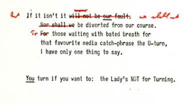 Margaret Thatcher's handwritten notes of her famous 'not for turning' speech