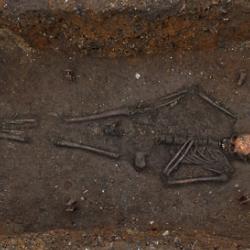 The skeleton of the teenage girl, and the remnants of her burial, as discovered by Cambridge University archaeologists in 2011.